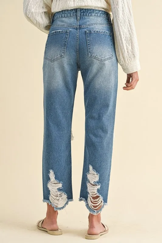 Annie Denim Distressed Raw Hem Cropped Jean