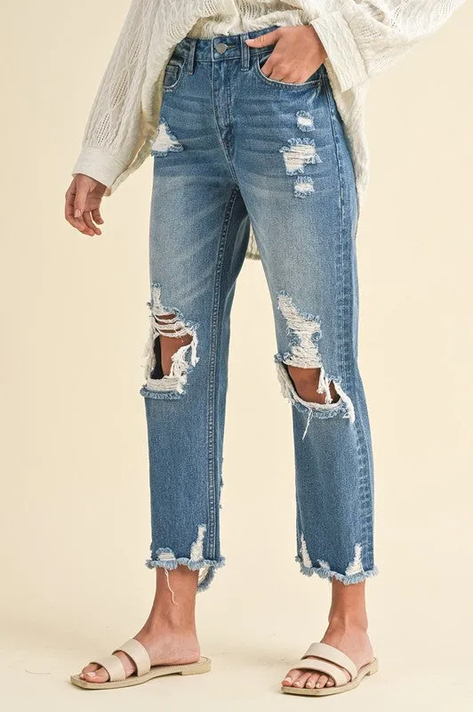 Annie Denim Distressed Raw Hem Cropped Jean