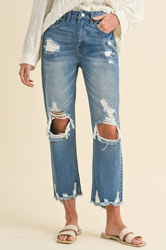 Annie Denim Distressed Raw Hem Cropped Jean