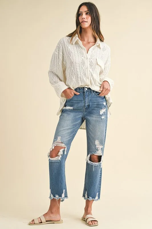 Annie Denim Distressed Raw Hem Cropped Jean