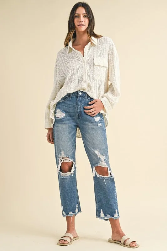 Annie Denim Distressed Raw Hem Cropped Jean