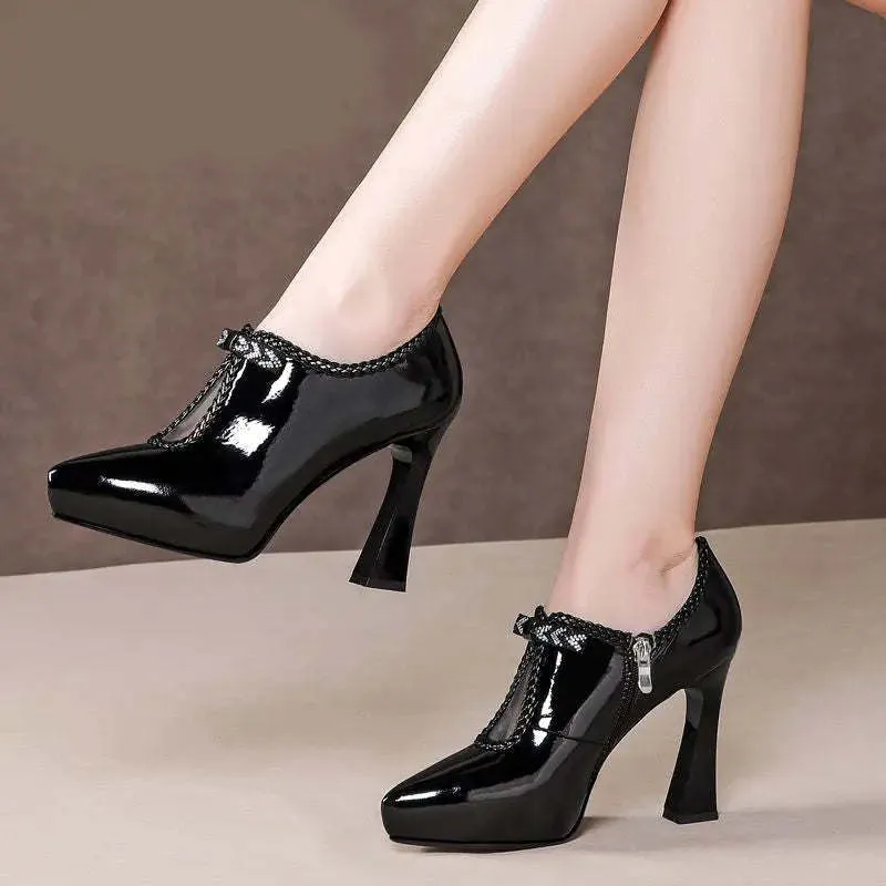 Block-heel Deep Patent Leather Low-top High Heels