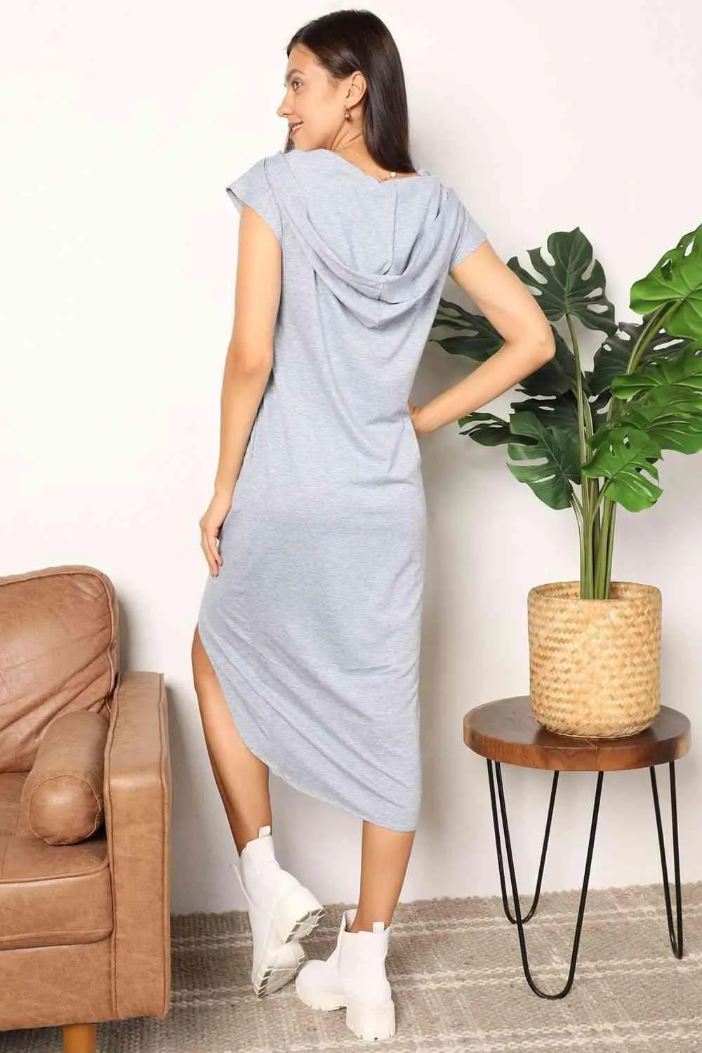 Casual Trend Front Slit Hooded Midi Dress