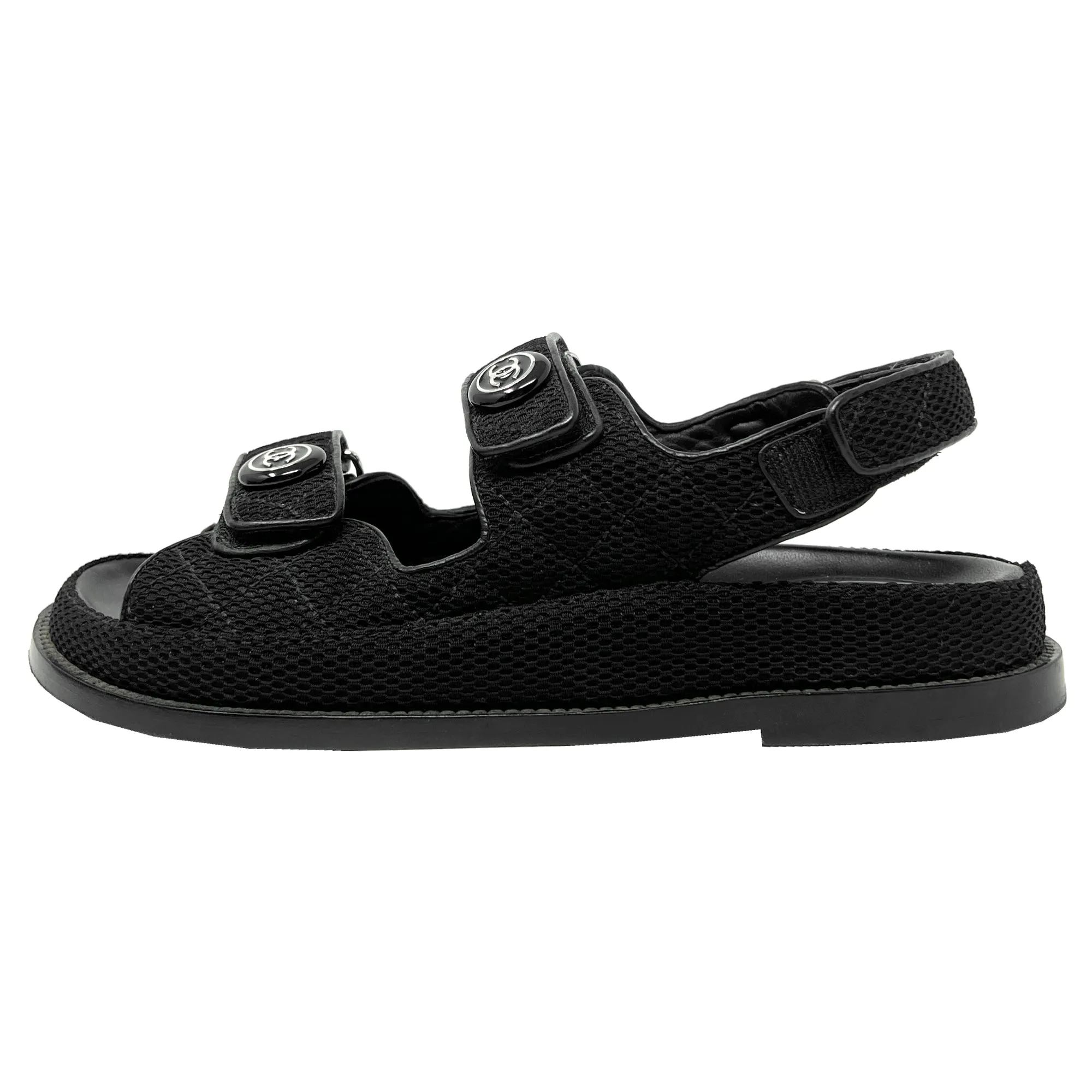 Chanel Interlocking Logo Black Quilted Fabric Double Strap Dad Flat Sandals Size EU 38.5