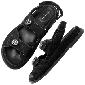 Chanel Interlocking Logo Black Quilted Fabric Double Strap Dad Flat Sandals Size EU 38.5