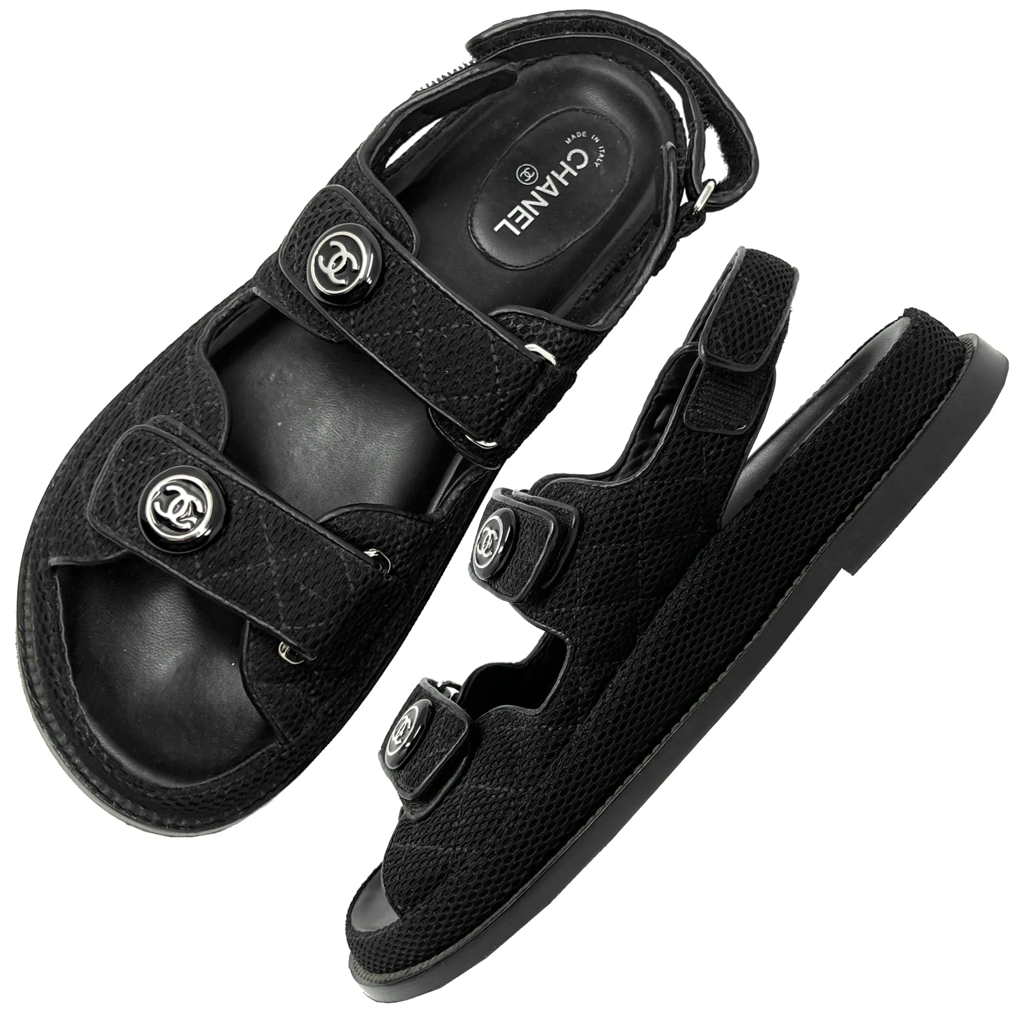 Chanel Interlocking Logo Black Quilted Fabric Double Strap Dad Flat Sandals Size EU 38.5