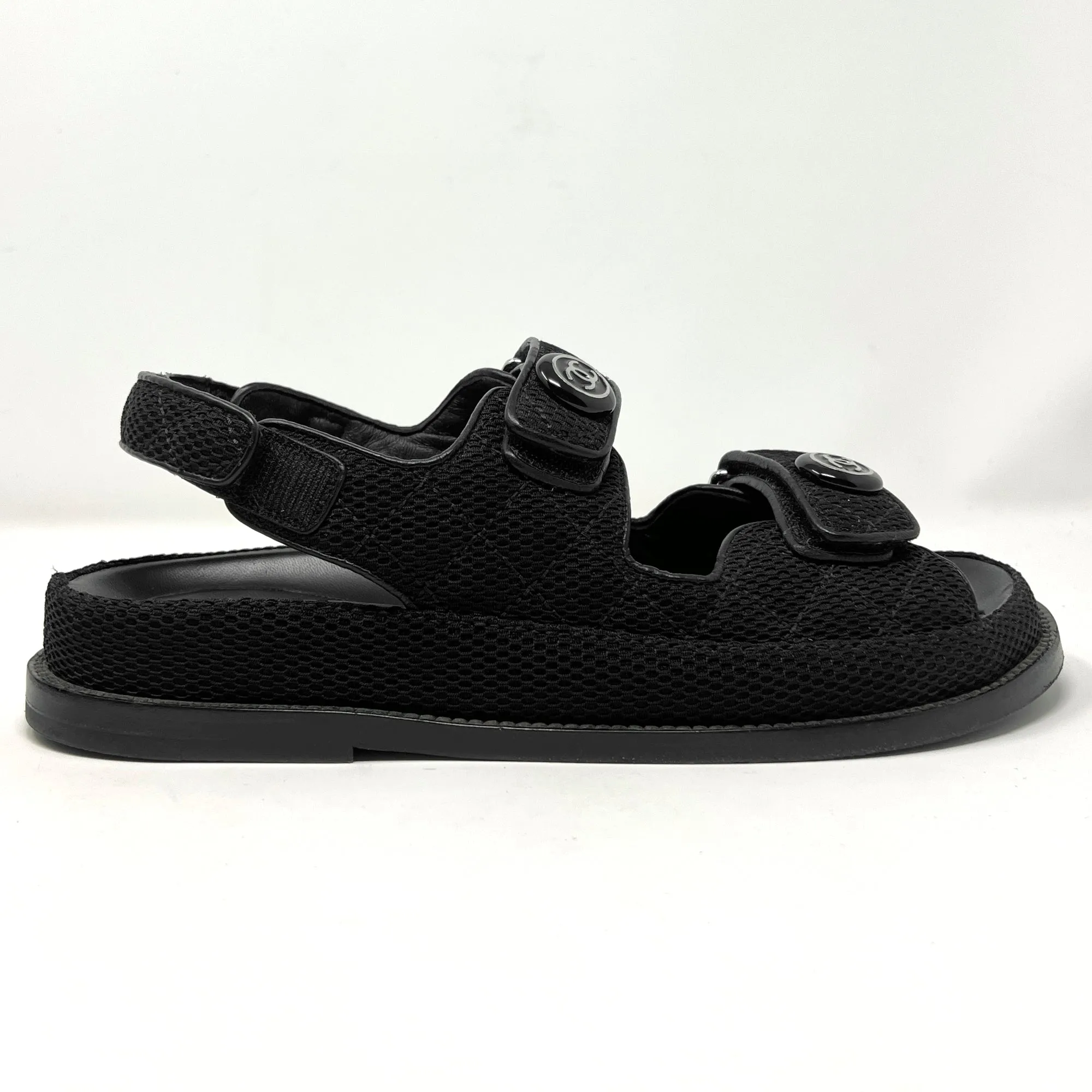 Chanel Interlocking Logo Black Quilted Fabric Double Strap Dad Flat Sandals Size EU 38.5