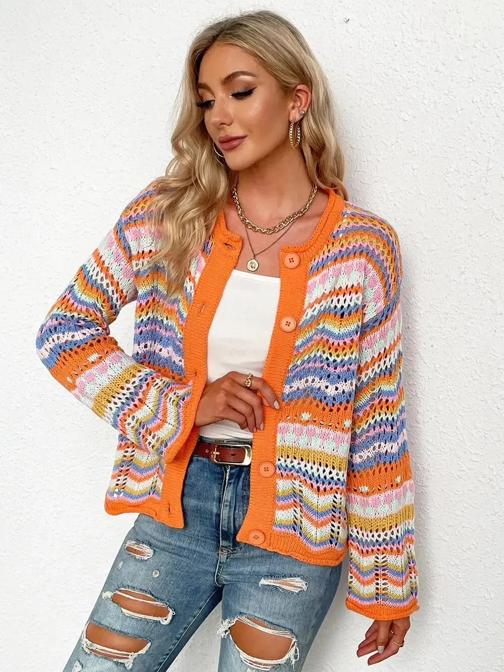 Chevron Stripes Openwork Cardigan