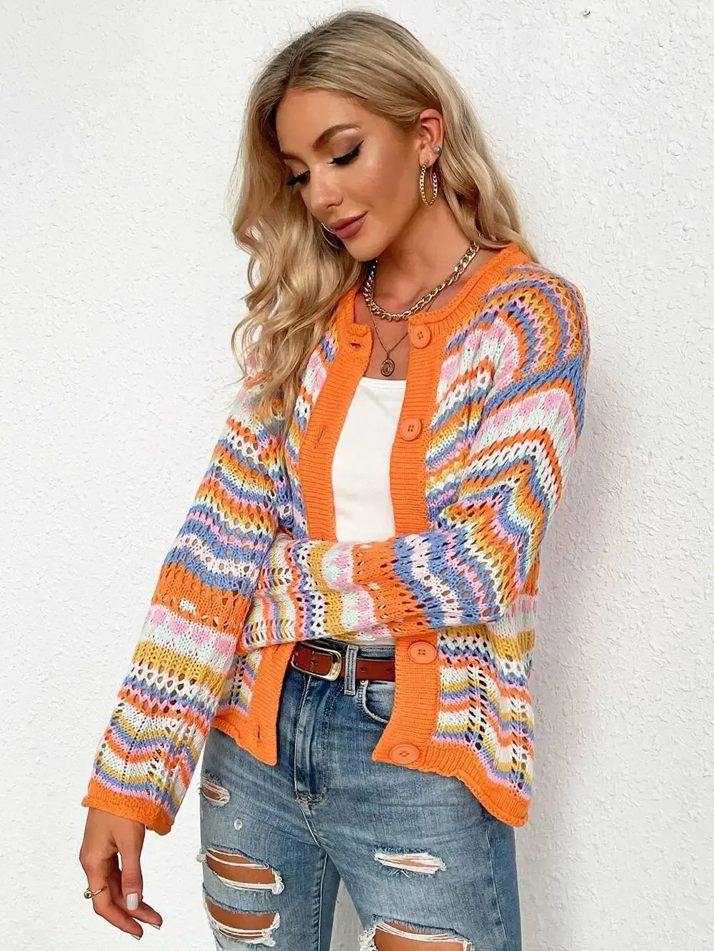 Chevron Stripes Openwork Cardigan