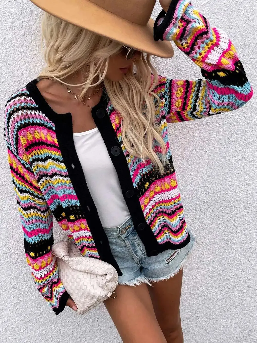 Chevron Stripes Openwork Cardigan