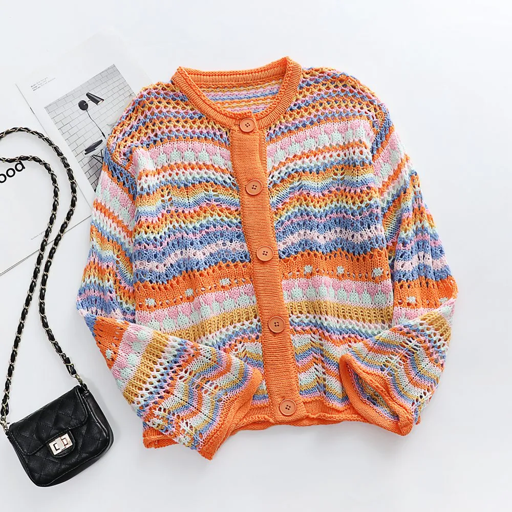 Chevron Stripes Openwork Cardigan