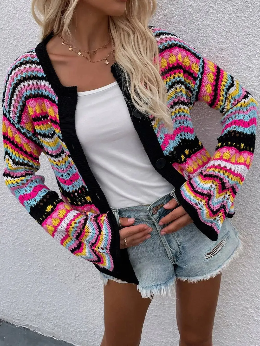 Chevron Stripes Openwork Cardigan