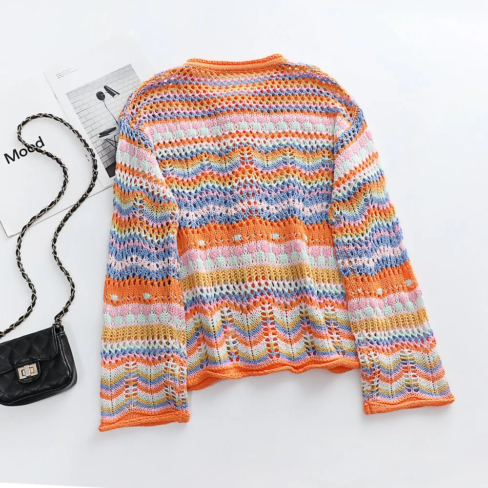 Chevron Stripes Openwork Cardigan