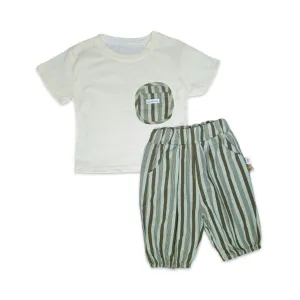 Chic Striped Two-Piece Set – Soft Beige & Olive Green