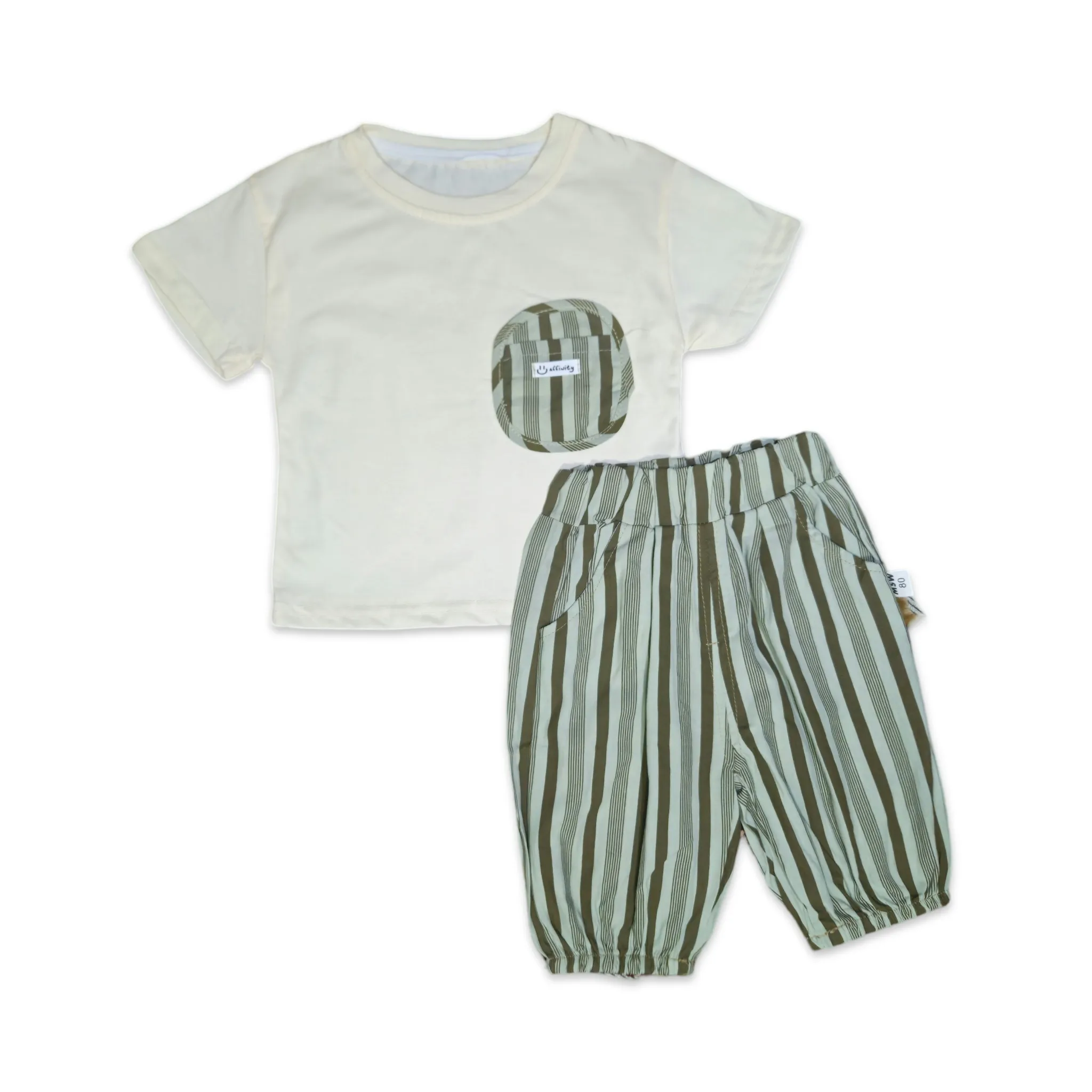 Chic Striped Two-Piece Set – Soft Beige & Olive Green