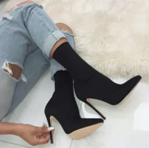 Chicvane Suede Pointed Toe Stiletto Heel Mid Calf Boots For Girls