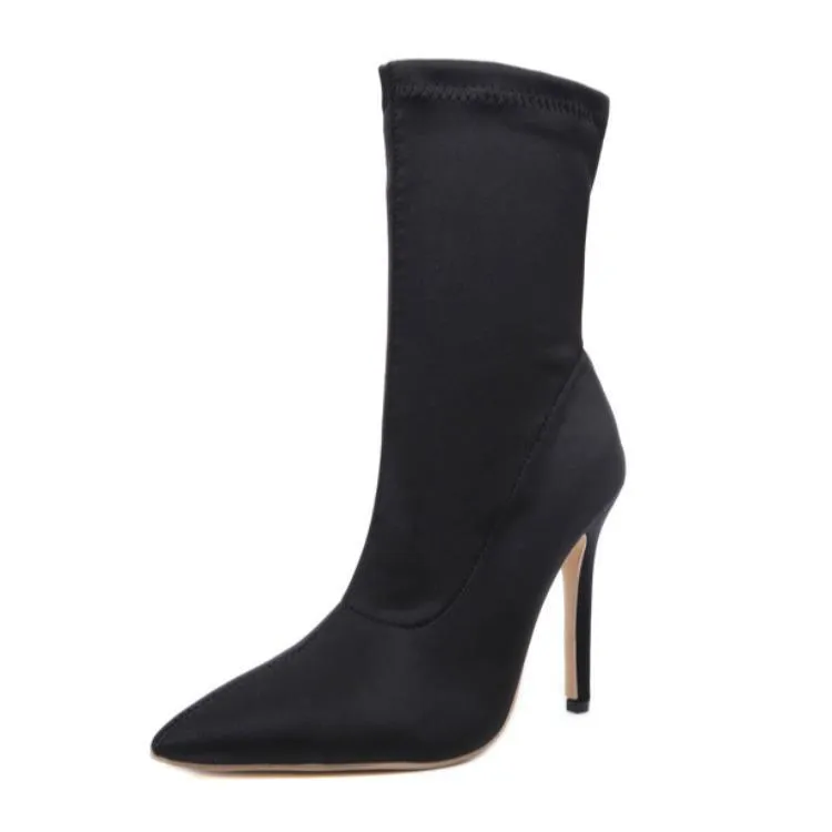 Chicvane Suede Pointed Toe Stiletto Heel Mid Calf Boots For Girls
