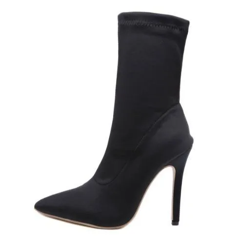 Chicvane Suede Pointed Toe Stiletto Heel Mid Calf Boots For Girls
