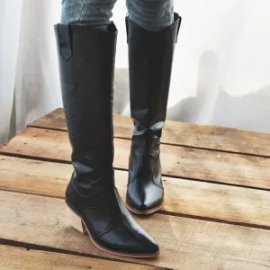 Chicvane Womens Belt Buckle Round Toe Chunky Heel Knee High Boots