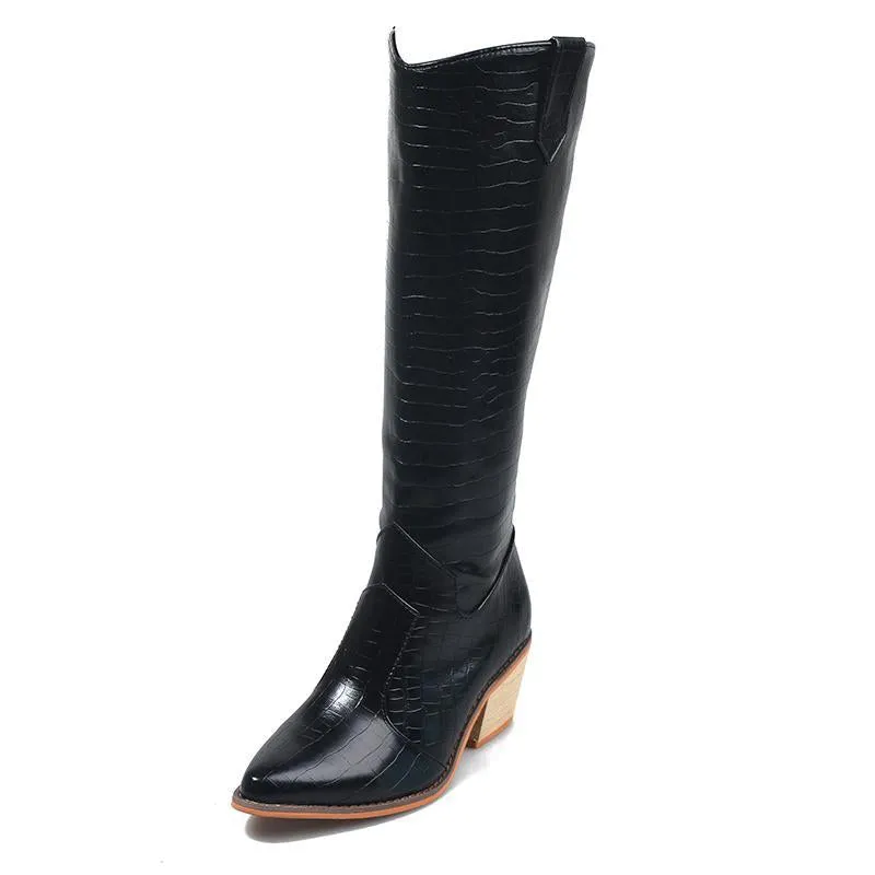 Chicvane Womens Belt Buckle Round Toe Chunky Heel Knee High Boots