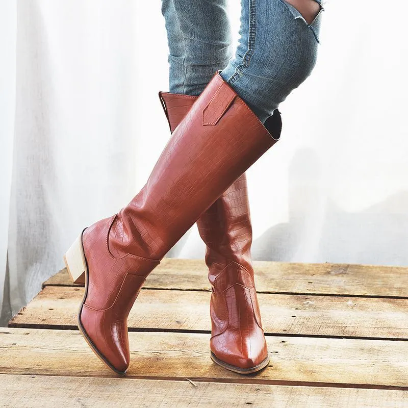 Chicvane Womens Belt Buckle Round Toe Chunky Heel Knee High Boots