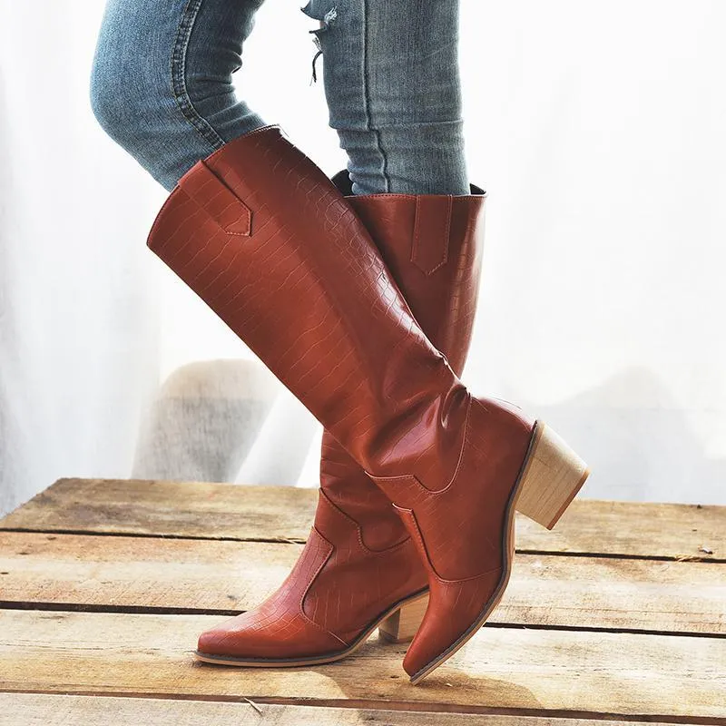 Chicvane Womens Belt Buckle Round Toe Chunky Heel Knee High Boots