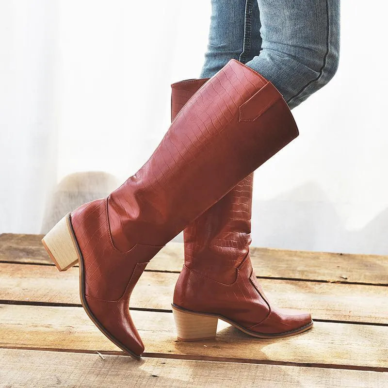 Chicvane Womens Belt Buckle Round Toe Chunky Heel Knee High Boots