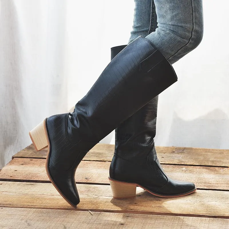 Chicvane Womens Belt Buckle Round Toe Chunky Heel Knee High Boots
