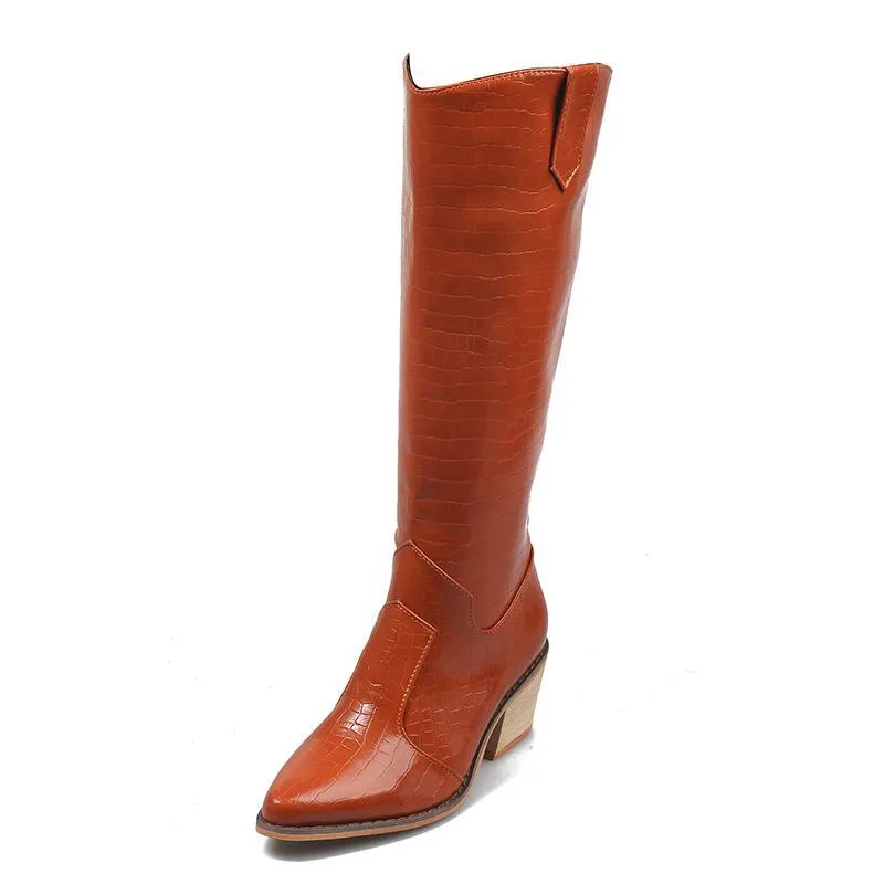 Chicvane Womens Belt Buckle Round Toe Chunky Heel Knee High Boots