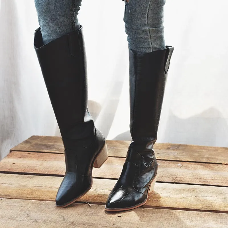 Chicvane Womens Belt Buckle Round Toe Chunky Heel Knee High Boots