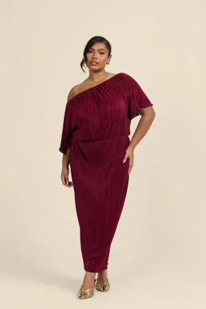 Curve drop shoulder burgundy plisse midaxi dress