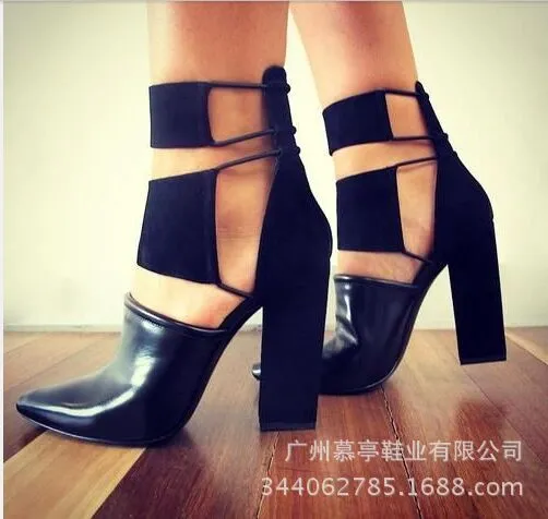 Cut Out Pointed Toe High Chunky Heel Party Shoes