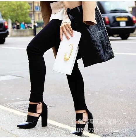 Cut Out Pointed Toe High Chunky Heel Party Shoes