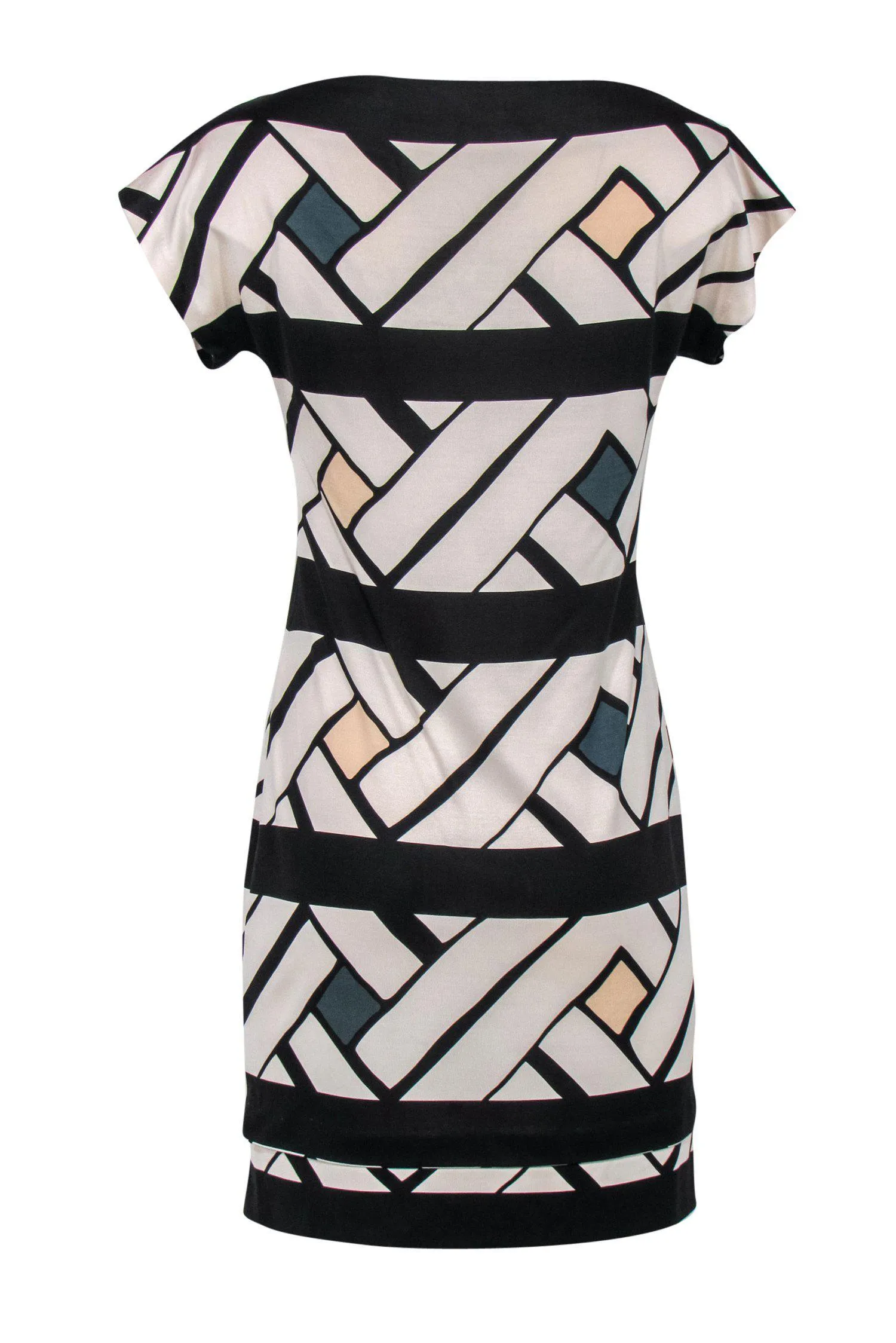 Diane von Furstenberg - Black & Cream Printed Boat Neck Silk Dress Sz 6