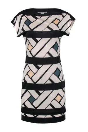 Diane von Furstenberg - Black & Cream Printed Boat Neck Silk Dress Sz 6