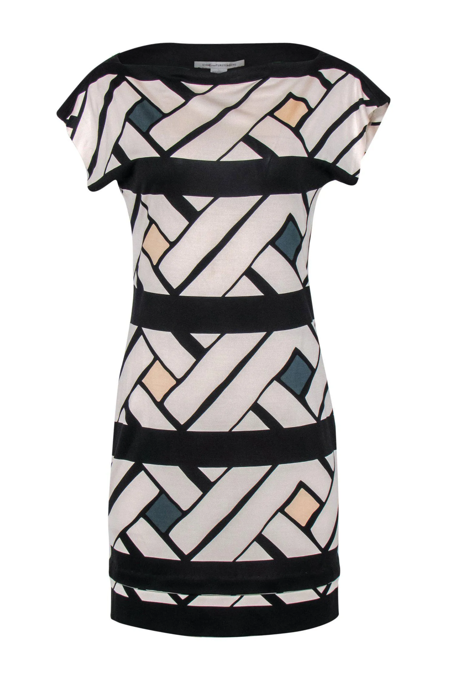 Diane von Furstenberg - Black & Cream Printed Boat Neck Silk Dress Sz 6