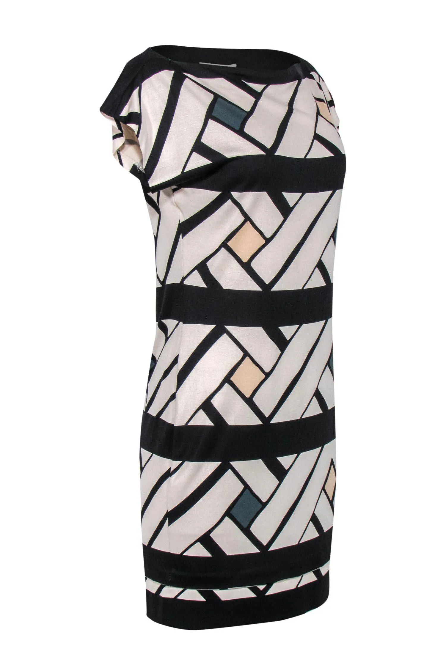Diane von Furstenberg - Black & Cream Printed Boat Neck Silk Dress Sz 6