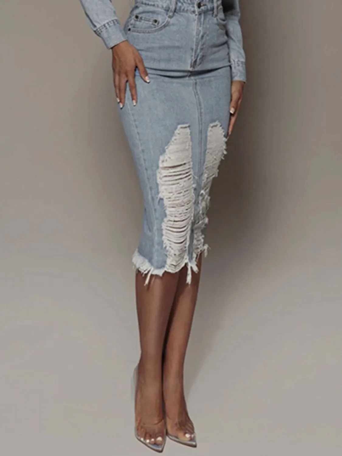 DISTRESSED SLIT DENIM SKIRT