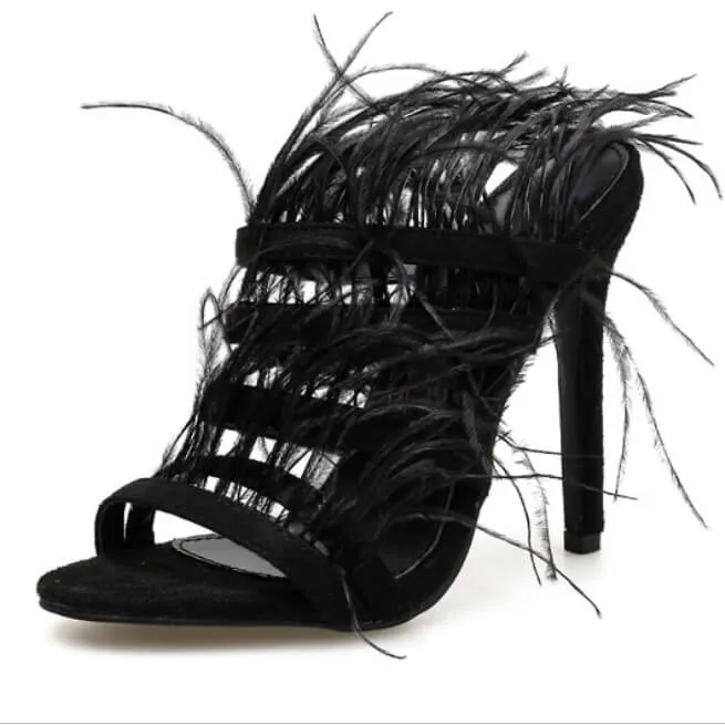 Feather Peep Toe Stiletto High Heel Ankle Boot Sandals