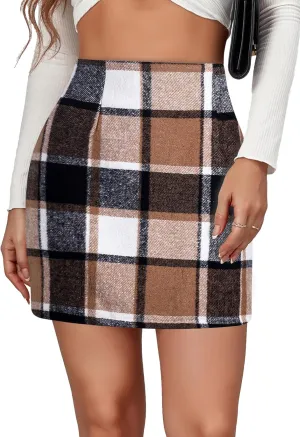 FEOYA Womens Wool Plaid Skirts High Waist Bodycon Pencil Mini Skirts Casual Slim Fit Hip Skirt for Winter Fall