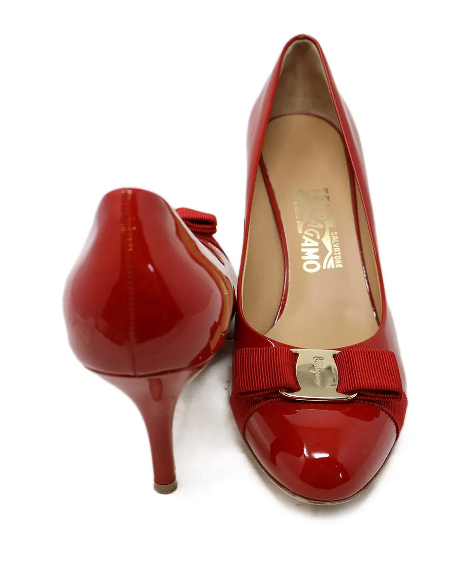 Ferragamo Red Patent Leather Bow Heels sz 9.5