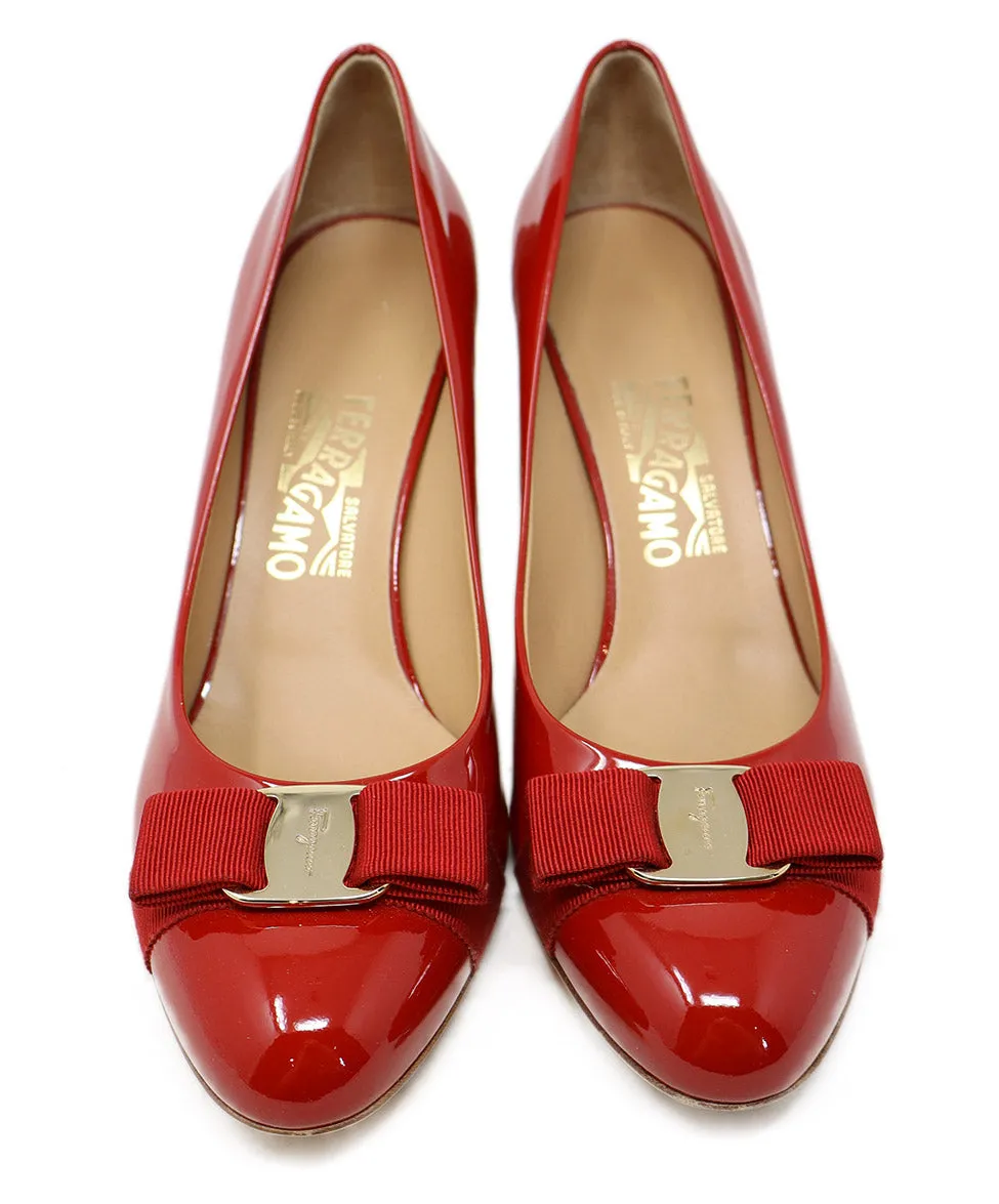 Ferragamo Red Patent Leather Bow Heels sz 9.5