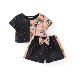 Floral and Polka Color Block Top Shorts Set