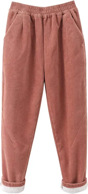 Flygo Womens Casual Thick Fleece Sherpa Lined Pants Long Trousers Warm Sweatpants Elastic Waist Corduroy Pants