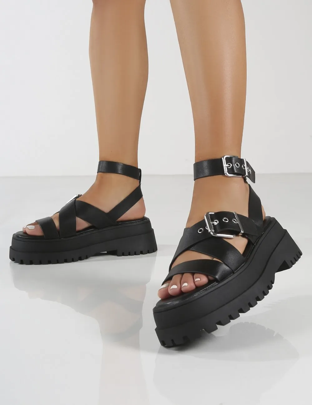 Follow Black PU Chunky Buckle Sandals