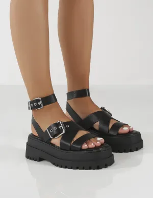 Follow Black PU Chunky Buckle Sandals
