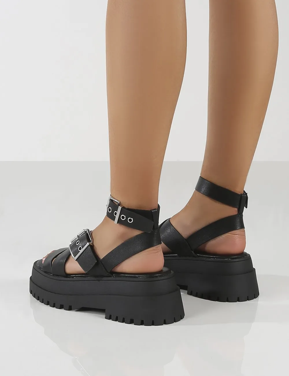 Follow Black PU Chunky Buckle Sandals
