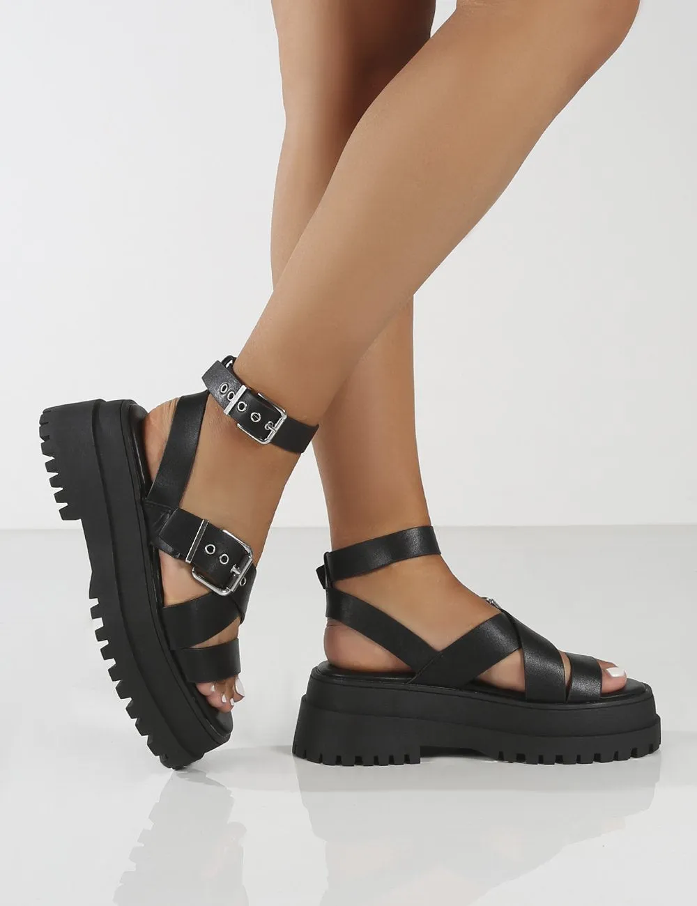 Follow Black PU Chunky Buckle Sandals