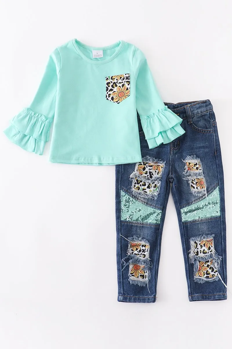 Girls Mint Sunflower Top and Jeans Set
