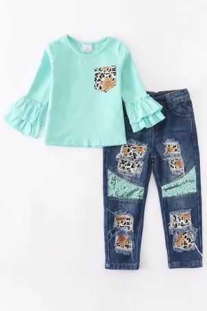 Girls Mint Sunflower Top and Jeans Set